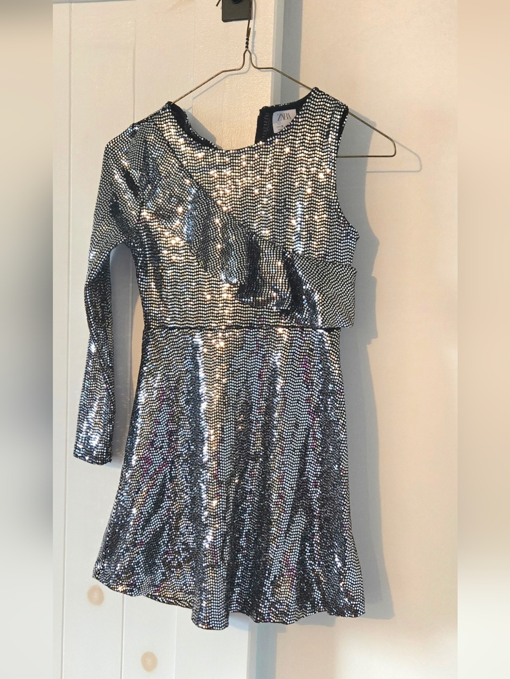 Sparkle Sequin One-Shoulder Kids Dress - Silver